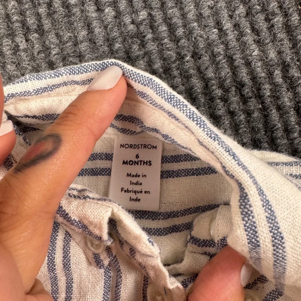 Nordstrom Baby Linen Blend Stripe Romper Blue White‎ 6M NWT Coastal 960